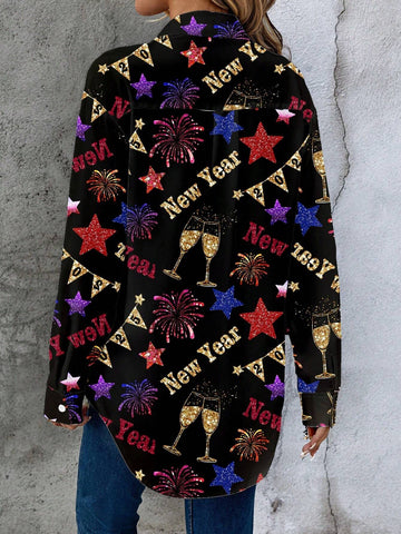 EMERY ROSE Women Casual Minimalist Happy New Year Style Open Front Long Sleeve Shirt, Suitable For Autumn/Winter