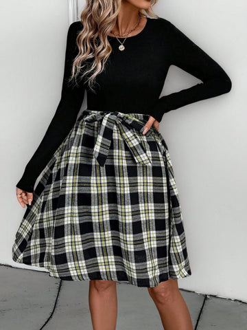 EMERY ROSE Women Casual Patchwork Plaid Hem Round Neck Long Sleeve Mid-Length Dress