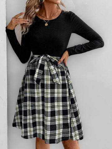 EMERY ROSE Women Casual Patchwork Plaid Hem Round Neck Long Sleeve Mid-Length Dress