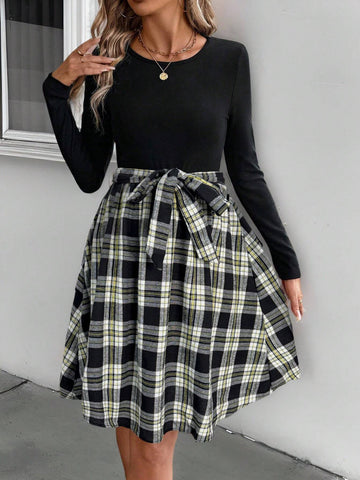 EMERY ROSE Women Casual Patchwork Plaid Hem Round Neck Long Sleeve Mid-Length Dress