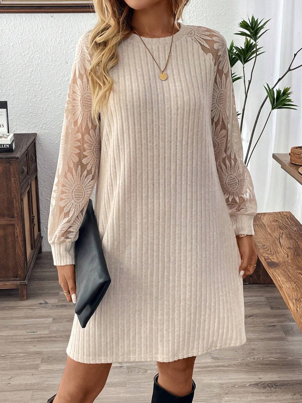 EMERY ROSE Women Casual Solid Color Jacquard Patchwork Short Mini Dress, Autumn