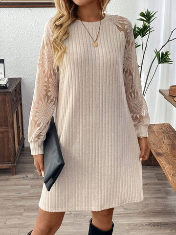 EMERY ROSE Women Casual Solid Color Jacquard Patchwork Short Mini Dress, Autumn