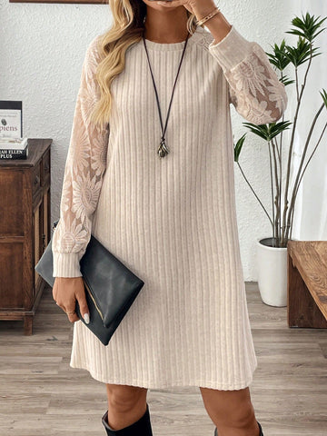 EMERY ROSE Women Casual Solid Color Jacquard Patchwork Short Mini Dress, Autumn