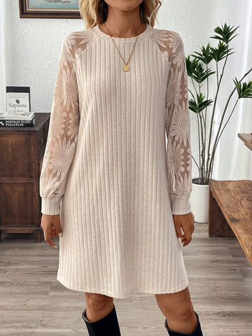 EMERY ROSE Women Casual Solid Color Jacquard Patchwork Short Mini Dress, Autumn