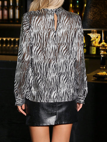 EMERY ROSE Women Casual Stand Collar Long Sleeve Zebra Print Shiny Foil Embellished Blouse