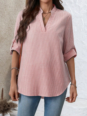 EMERY ROSE Women Casual Striped V Neck Roll Up Sleeve Blouse For Autumn