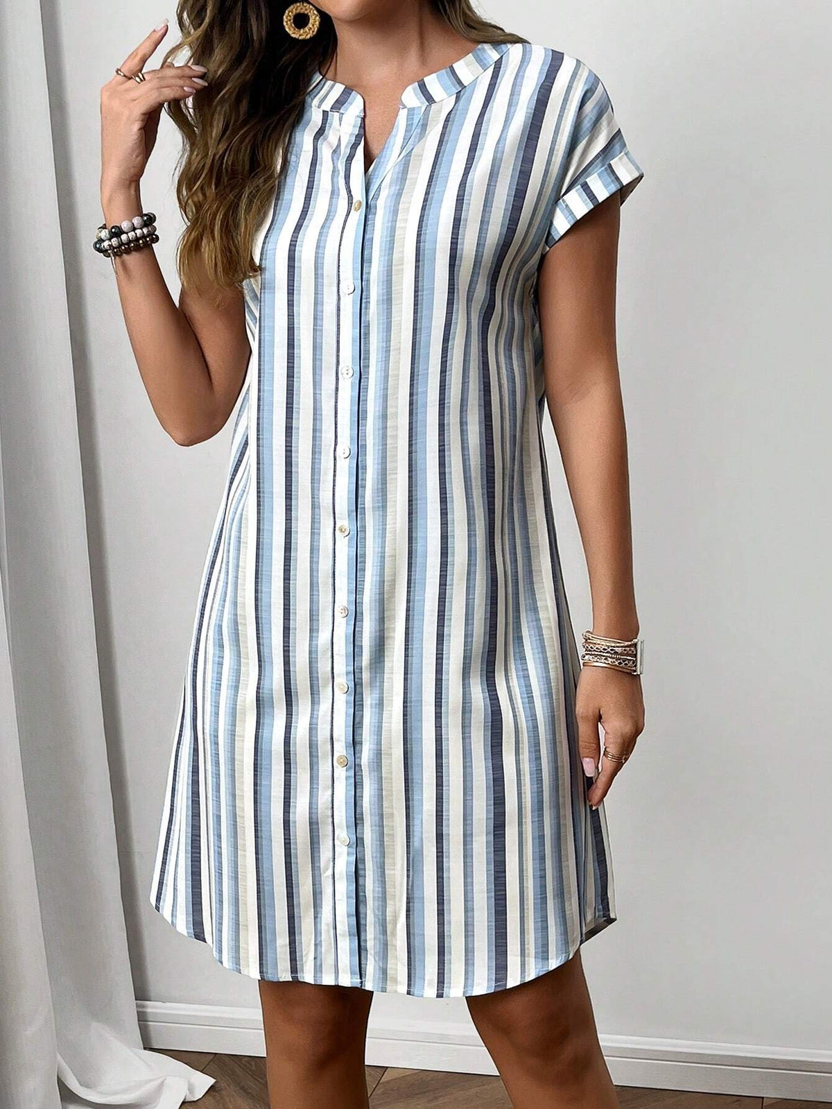 EMERY ROSE Women Casual Summer Colorful Striped V-Neck Loose Straight Dress