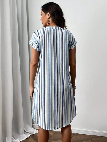 EMERY ROSE Women Casual Summer Colorful Striped V-Neck Loose Straight Dress