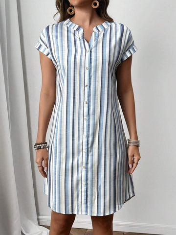 EMERY ROSE Women Casual Summer Colorful Striped V-Neck Loose Straight Dress