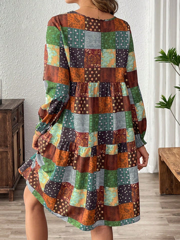 EMERY ROSE Women Casual Vacation Style Patchwork Printed Ruffle Sleeve Babydoll Short Dress, Spring And Autumn