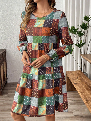 EMERY ROSE Women Casual Vacation Style Patchwork Printed Ruffle Sleeve Babydoll Short Dress, Spring And Autumn