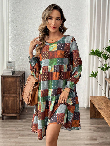 EMERY ROSE Women Casual Vacation Style Patchwork Printed Ruffle Sleeve Babydoll Short Dress, Spring And Autumn