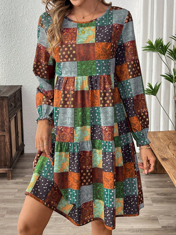 EMERY ROSE Women Casual Vacation Style Patchwork Printed Ruffle Sleeve Babydoll Short Dress, Spring And Autumn