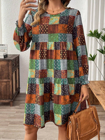 EMERY ROSE Women Casual Vacation Style Patchwork Printed Ruffle Sleeve Babydoll Short Dress, Spring And Autumn