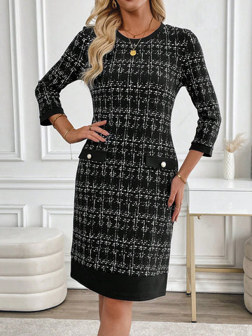 EMERY ROSE Women Checkered Casual Commuter Dress For Autumn