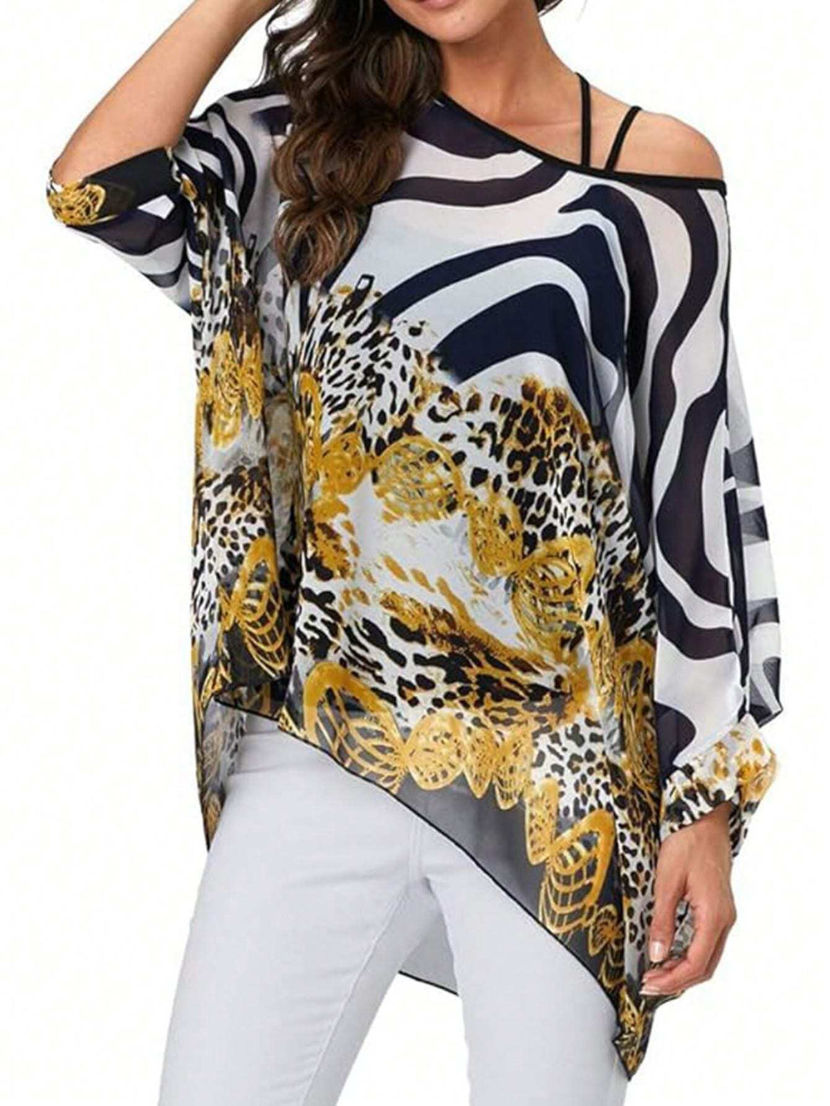 EMERY ROSE Women Chiffon Floral Batwing Sleeve Drawstring Waist Cover Up Casual Shirt Vacation Tops