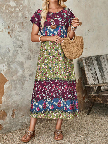 Women Ditsy Floral Short Sleeve Round Neck Dress