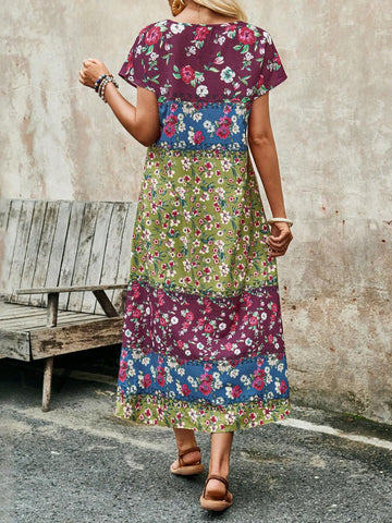 Women Ditsy Floral Short Sleeve Round Neck Dress