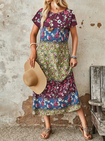 Women Ditsy Floral Short Sleeve Round Neck Dress