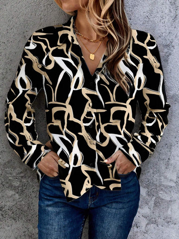 EMERY ROSE Women Elegant Casual All-Over Pattern Open Front Long Sleeve Blouse