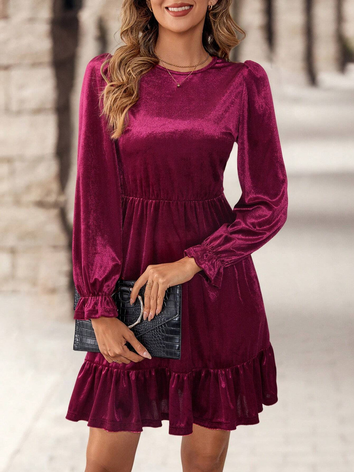 EMERY ROSE Women Elegant Solid Color Round Neck Bell Sleeve Mini Dress, Autumn