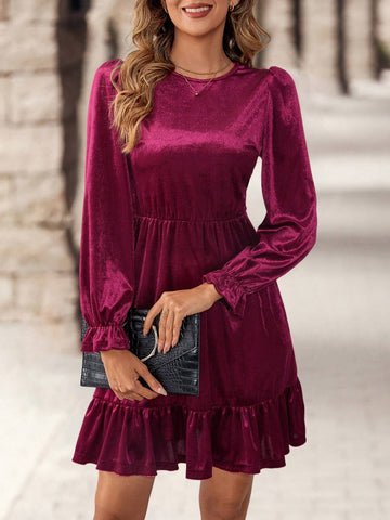 EMERY ROSE Women Elegant Solid Color Round Neck Bell Sleeve Mini Dress, Autumn