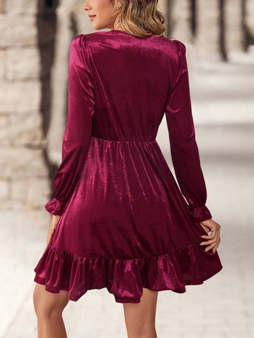 EMERY ROSE Women Elegant Solid Color Round Neck Bell Sleeve Mini Dress, Autumn