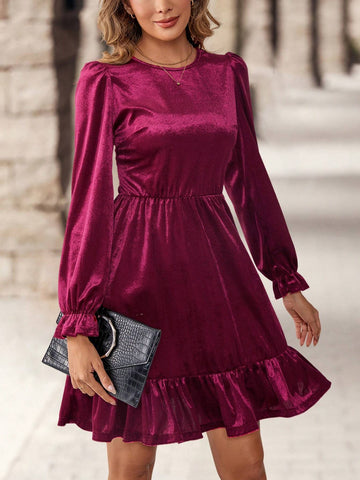 EMERY ROSE Women Elegant Solid Color Round Neck Bell Sleeve Mini Dress, Autumn