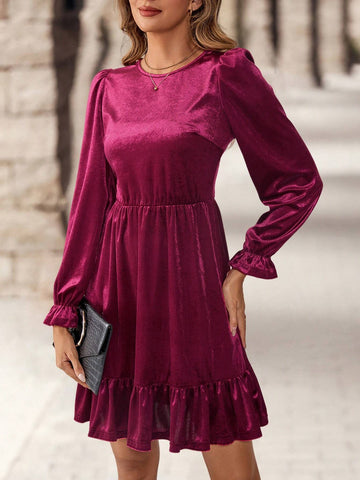 EMERY ROSE Women Elegant Solid Color Round Neck Bell Sleeve Mini Dress, Autumn