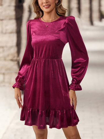 EMERY ROSE Women Elegant Solid Color Round Neck Bell Sleeve Mini Dress, Autumn