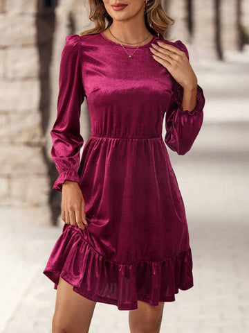 EMERY ROSE Women Elegant Solid Color Round Neck Bell Sleeve Mini Dress, Autumn