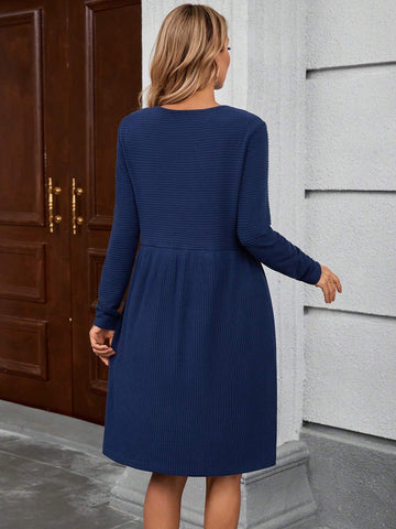 EMERY ROSE Women Elegant Solid Color Round Neck Long Sleeve Ribbed Texture Dress