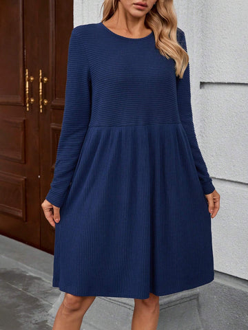EMERY ROSE Women Elegant Solid Color Round Neck Long Sleeve Ribbed Texture Dress