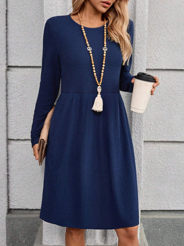 EMERY ROSE Women Elegant Solid Color Round Neck Long Sleeve Ribbed Texture Dress