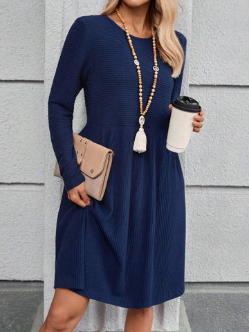 EMERY ROSE Women Elegant Solid Color Round Neck Long Sleeve Ribbed Texture Dress