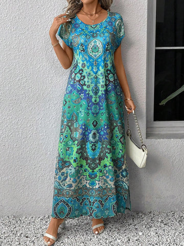 EMERY ROSE Women Fashionable Summer Printed Long Batwing Sleeve Dress With Slanted Pockets Long Skirt Maxi Women Dresses
