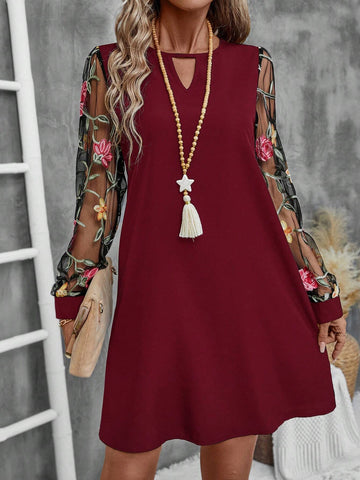 EMERY ROSE Women Floral Embroidery Mesh Sheer Collar Mini Dress