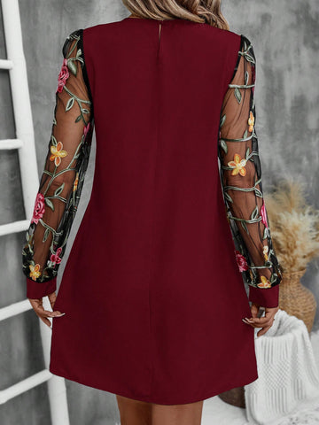 EMERY ROSE Women Floral Embroidery Mesh Sheer Collar Mini Dress
