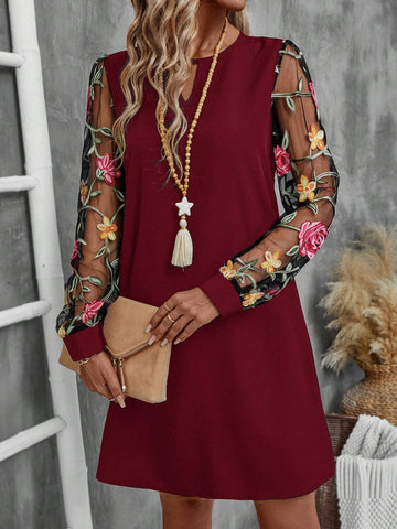 EMERY ROSE Women Floral Embroidery Mesh Sheer Collar Mini Dress