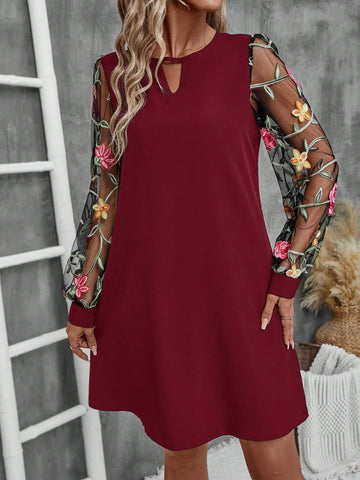 EMERY ROSE Women Floral Embroidery Mesh Sheer Collar Mini Dress