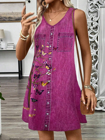 EMERY ROSE Women Floral Embroidery V-Neck Sleeveless Summer Dress