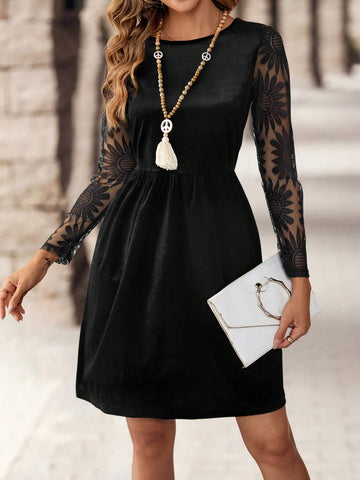 EMERY ROSE Women Floral Patchwork Mesh Round Neck Long Sleeve Elegant Short Dress, Autumn