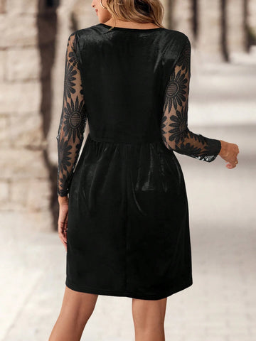 EMERY ROSE Women Floral Patchwork Mesh Round Neck Long Sleeve Elegant Short Dress, Autumn