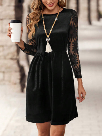 EMERY ROSE Women Floral Patchwork Mesh Round Neck Long Sleeve Elegant Short Dress, Autumn