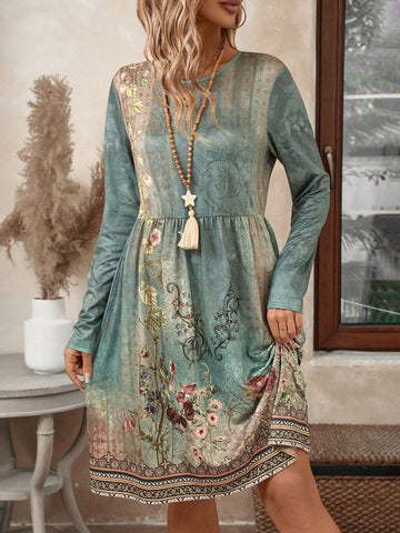 EMERY ROSE Women Floral Print Pleated Hem Minimalist Short Dress, Round Neck Long Sleeve