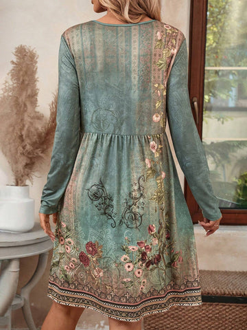 EMERY ROSE Women Floral Print Pleated Hem Minimalist Short Dress, Round Neck Long Sleeve