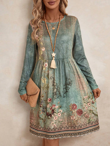 EMERY ROSE Women Floral Print Pleated Hem Minimalist Short Dress, Round Neck Long Sleeve