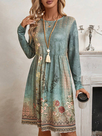 EMERY ROSE Women Floral Print Pleated Hem Minimalist Short Dress, Round Neck Long Sleeve