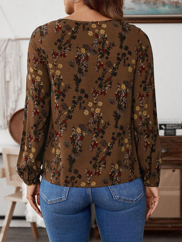 EMERY ROSE Women Floral Print Round Neck Casual Long Sleeve Blouse