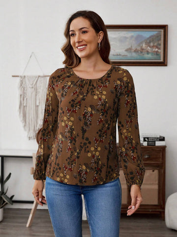 EMERY ROSE Women Floral Print Round Neck Casual Long Sleeve Blouse